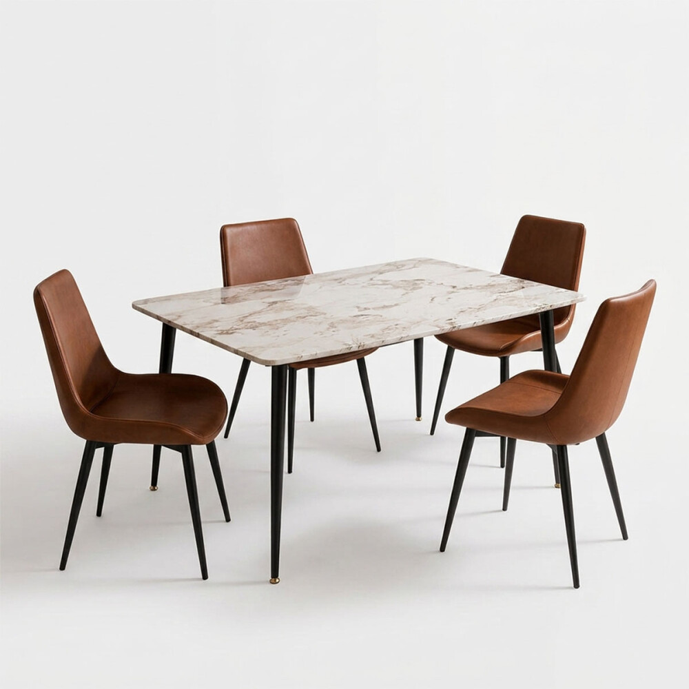 Juego De Comedor Mesa vidrio Símil Mármol + 4 Sillas Ecocuero Mesa marrón + 4 sillas marrones