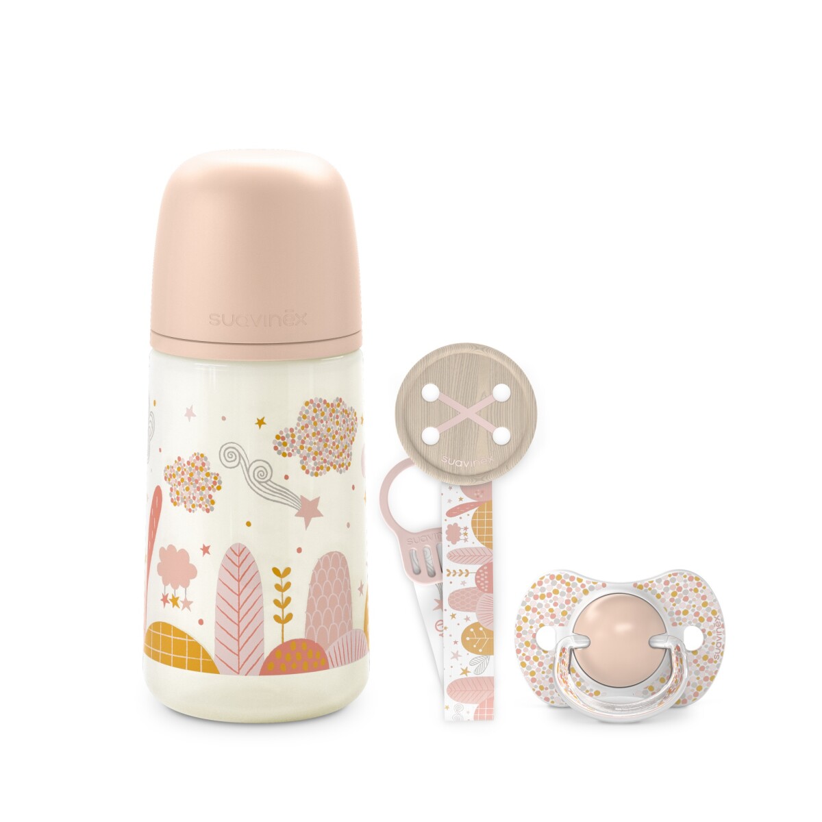 Pack Suavinex Rosado Dreams con Mamadera Chupete Fisiológico SX Pro y Broche de Cinta 