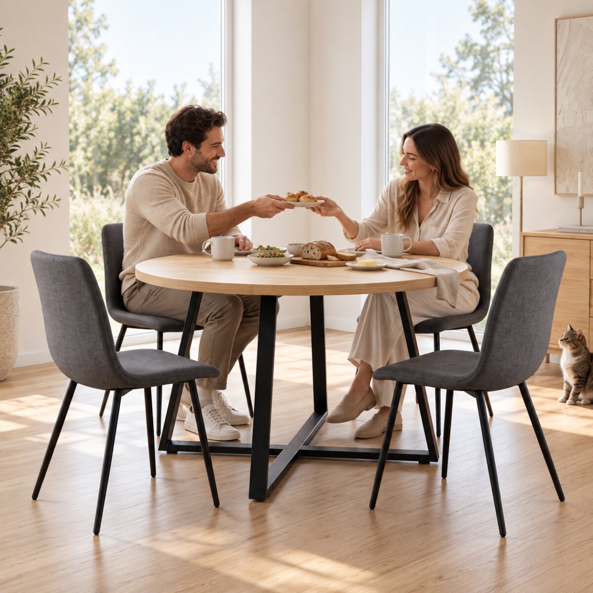 JUEGO DE COMEDOR MESA REDONDA EXTENSIBLE MADERA PATAS EN METAL + 4 SILLAS TAPIZADAS - SILLAS GRISES 