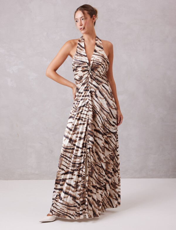 Vestido Largo Halter Plisado Con Broche MULTI/MARRON