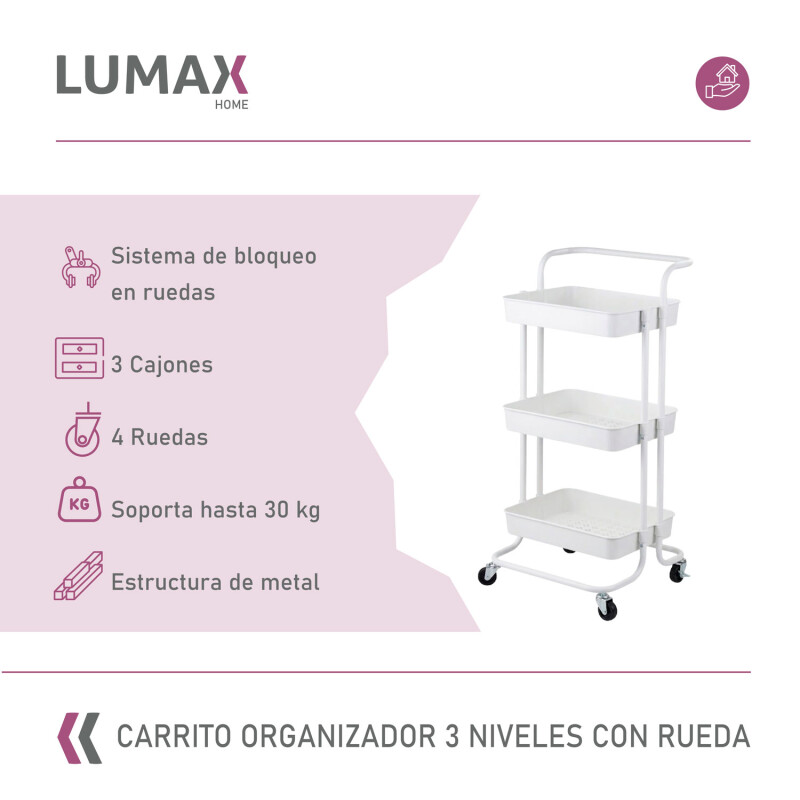 Carrito Organizador 3 Niveles Multiuso con Ruedas Blanco