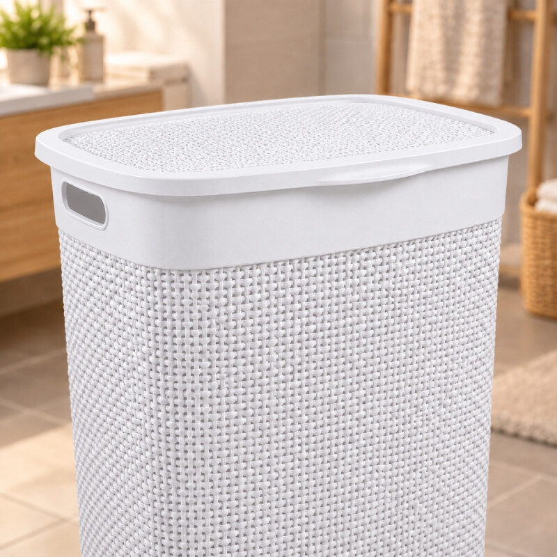 Cesto para ropa simil ratán con tapa 55 lts BLANCO