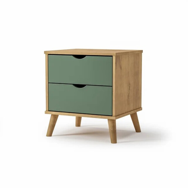 Mesa de luz madera maciza con patas - 2 cajones MADERA- VERDE