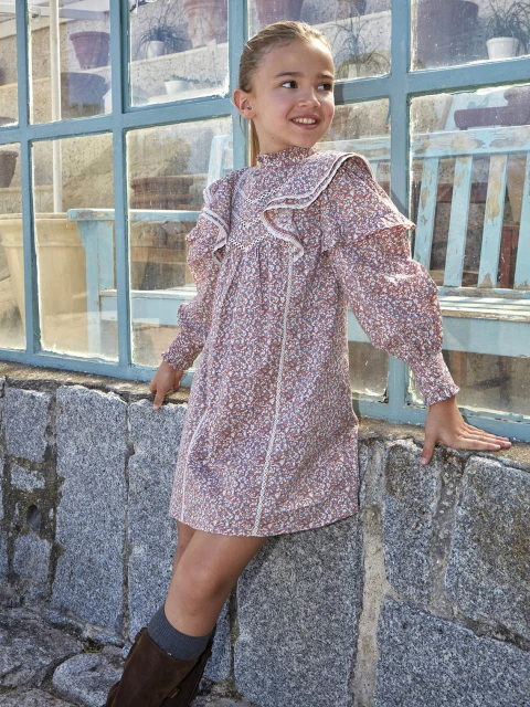 Vestido Estampado De Flores Con Tiras Bordadas Granate