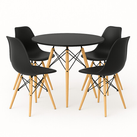 Juego de comedor Con Mesa Circular de 80cm + 4 Sillas Eames Negro/Negro