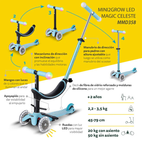 Monopatín Glow 3 en 1 Micro Glow LED Ajustable con 3 Ruedas U
