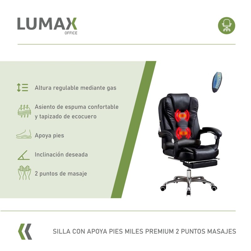 Silla Ejecutiva en cuero Lumax Modelo Miles con Apoyapies y 2 Puntos de Masaje Negro