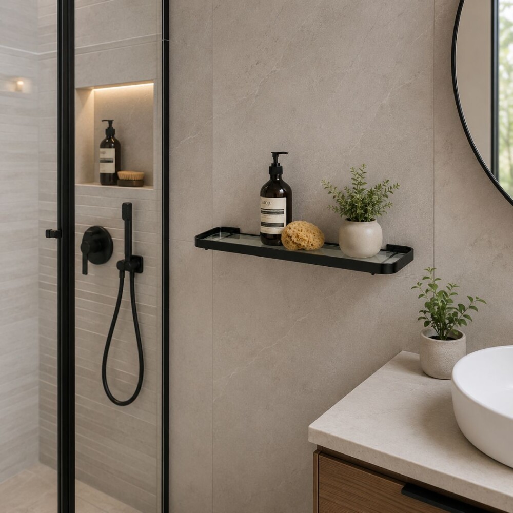 ESTANTE DE BAÑO EN VIDRIO 11 X 38 CM NEGRO MATE Estante De Baño En Vidrio 11 X 38 Cm Negro Mate