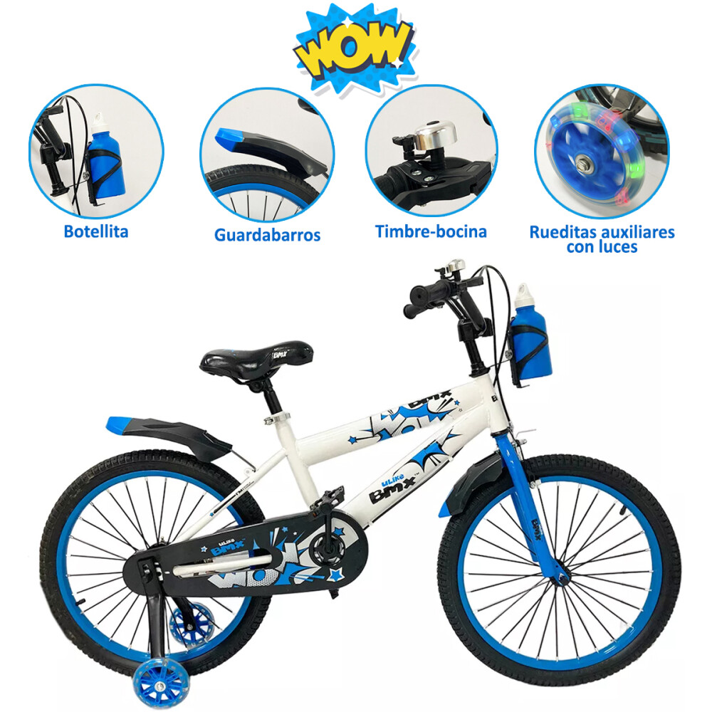 Bicicleta Infantil Rodado 20 Con Rueditas Auxiliares Y Portabotellas Azul