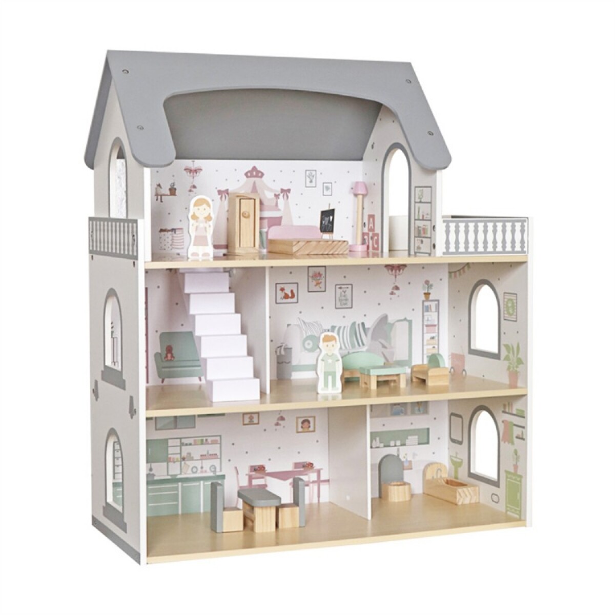 Casita de muñecas de madera con balcón W06A587 