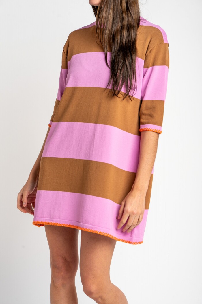 Vestido Corto Tejido A Rayas Rosa