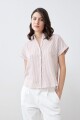 Camisa rayada manga corta beige