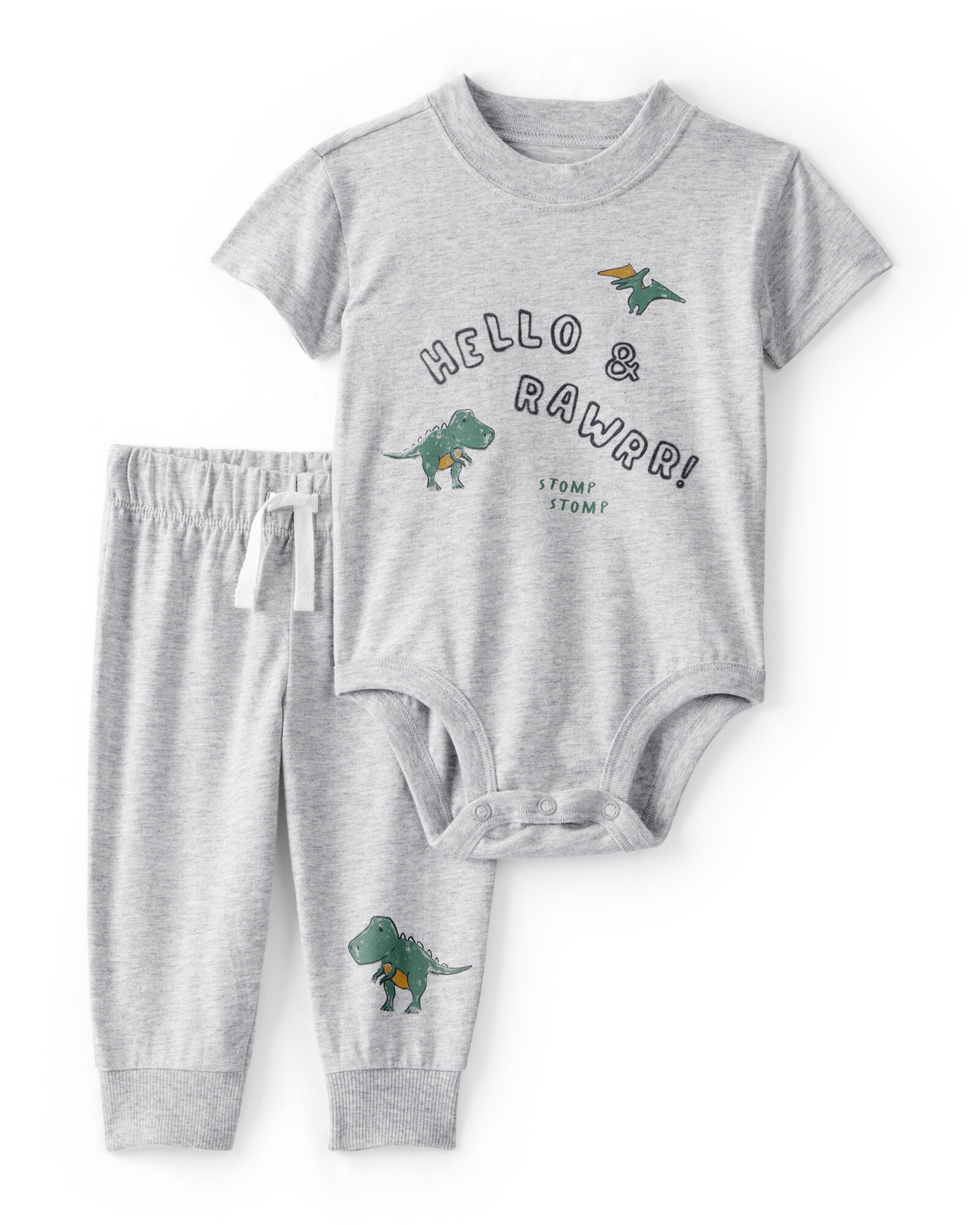 Set dos piezas de algodón, pantalón y body, gris, estampa dinos Sin color