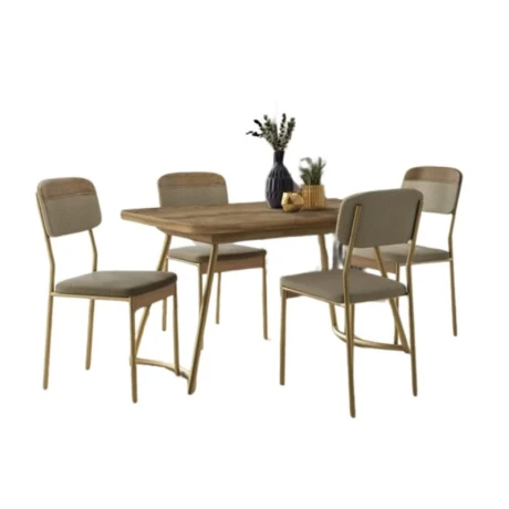 JUEGO DE COMEDOR MESA + 4 SILLAS ROBLE NOCE CON DORADO JUEGO DE COMEDOR MESA + 4 SILLAS ROBLE NOCE CON DORADO