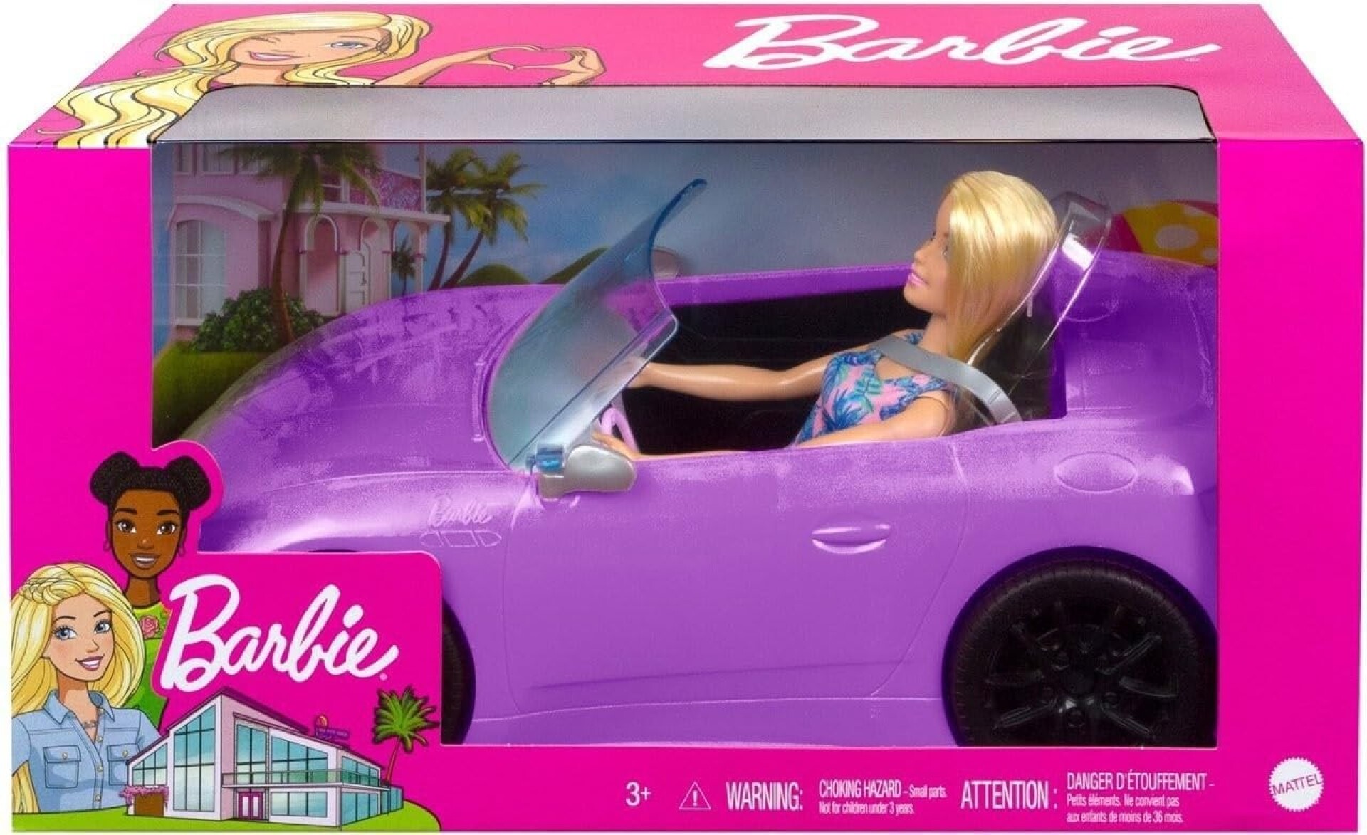 Auto convertible Barbie púrpura con muñeca 