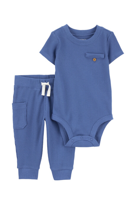 Set dos piezas de algodón texturado, pantalón y remera, azul Sin color