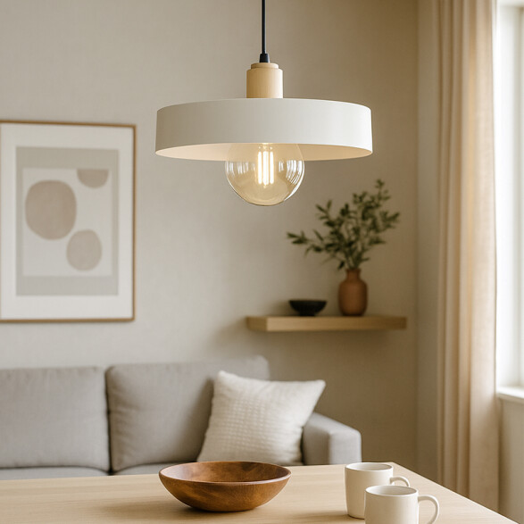 Colgante pantalla metal blanco y madera E27 Ø400mm JU0382