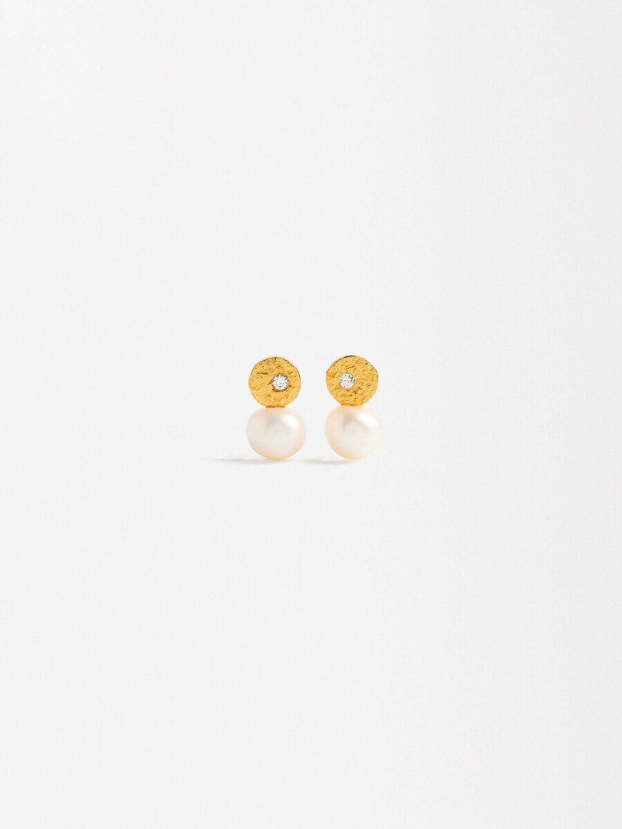 Pendientes Cortos Con Perlas De Agua Dulce Y Circonitas - Plata De Ley 925 dorado