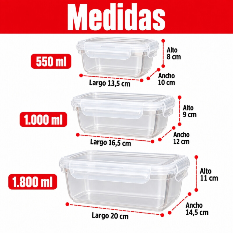 Set x3 Pote hermético rectangular 550 / 1000 / 1800 ml TRANSPARENTE