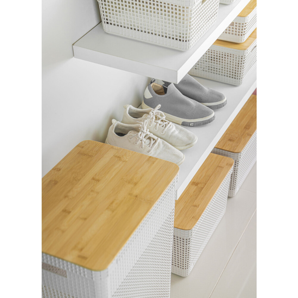 CESTA C/TAPA BAMBÚ PLASTICO-RECICLADO BLANCO GRID 49L