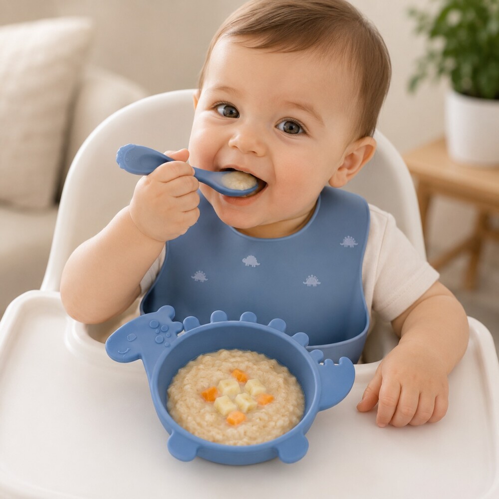 Set silicona plato y cuchara P&F celeste dino