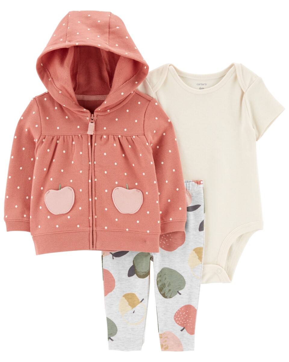 Set tres piezas pantalón, buzo con capucha y body manga corta de algodón diseño manzanas 