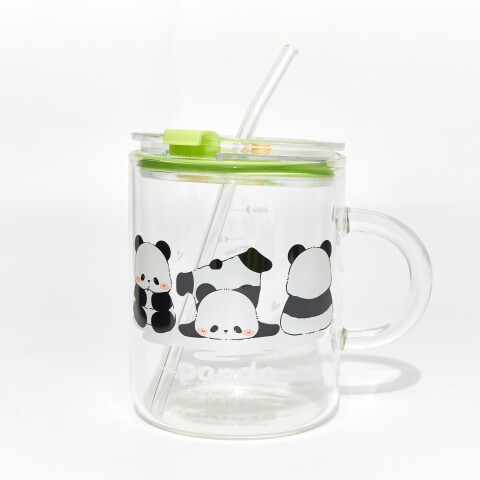 LINDA TAZA DE VIDRIO DE DOBLE USO PANDA CON PAJITA (TAPA VERDE/700 ML) LINDA TAZA DE VIDRIO DE DOBLE USO PANDA CON PAJITA (TAPA VERDE/700 ML)