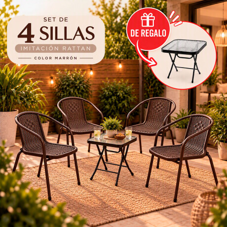 Promo Set de 4 Sillas de plastico con posabrazos imitacion rattan marron + Mesa plegable de metal y vidrio de regalo Promo Set de 4 Sillas de plastico con posabrazos imitacion rattan marron + Mesa plegable de metal y vidrio de regalo