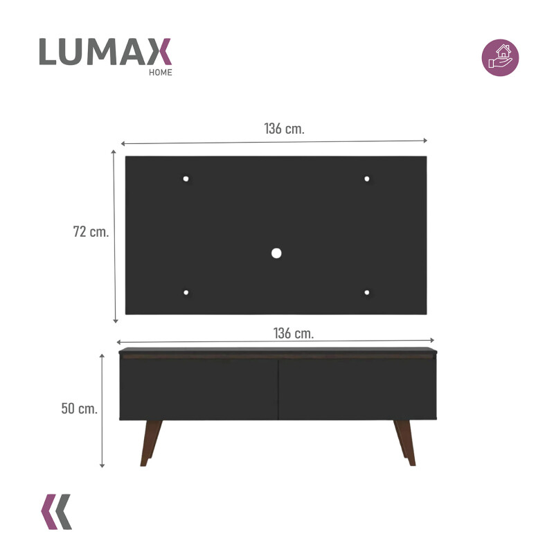Rack TV mueble Lumax + panel rústico con estantes 55” Negro/Negro