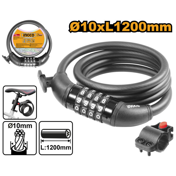 CANDADO PARA BICICLETA 10X1200MM C/ COMBINACION INGCO DBK21012 CANDADO PARA BICICLETA 10X1200MM C/ COMBINACION INGCO DBK21012