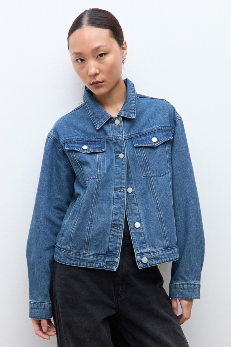 Chaqueta de jean con Vichy jean medio