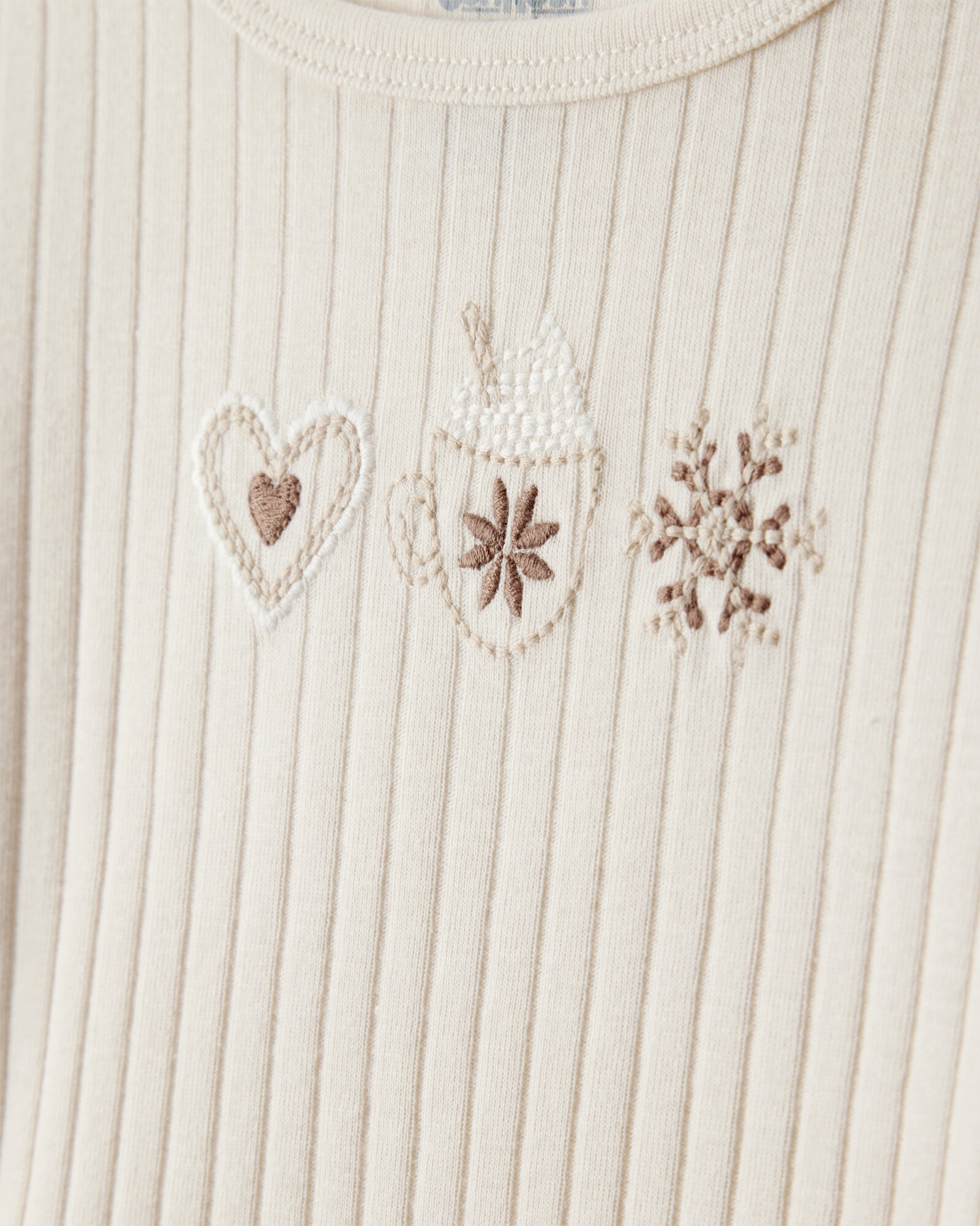Remera de algodón acanalado, con bordados, marfil Sin color