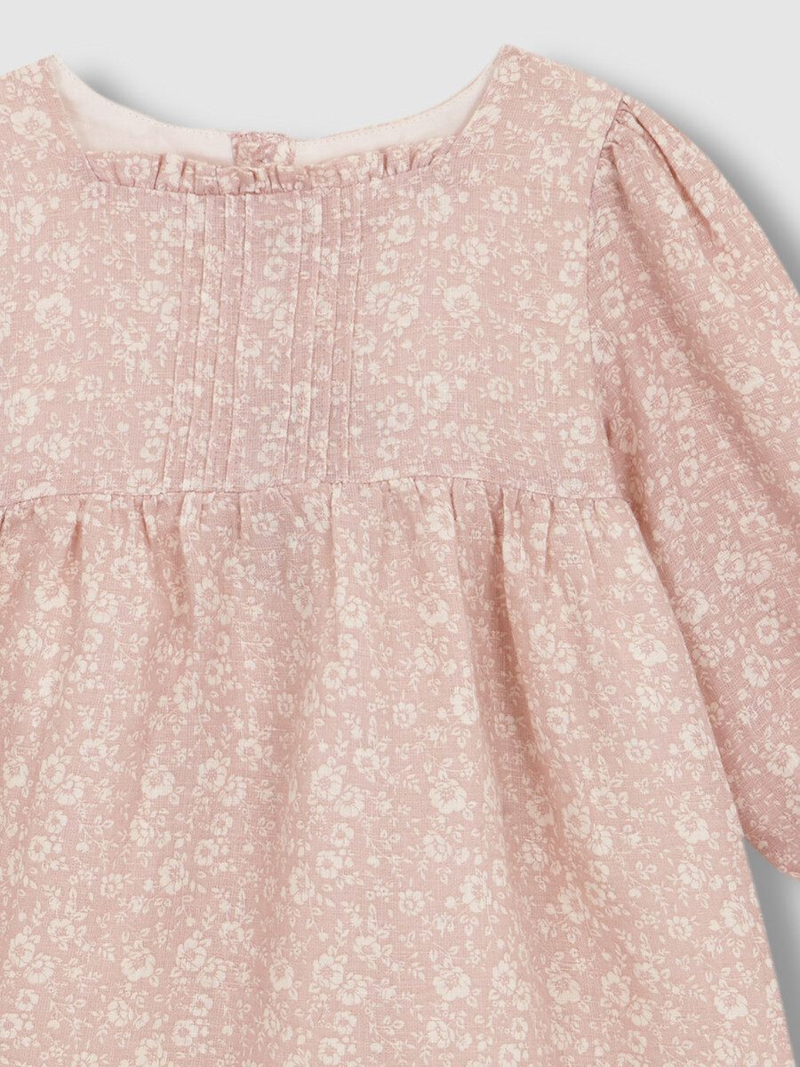 Vestido Lino Estampado Flores Rosa Suave