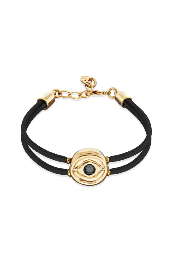 PULSERA DE CUERO DOBLE NEGRO CON DETALLE DE OJO EN ALEACIÓN DE METALES BAÑADO EN ORO 18K Y CRISTAL Pulsera