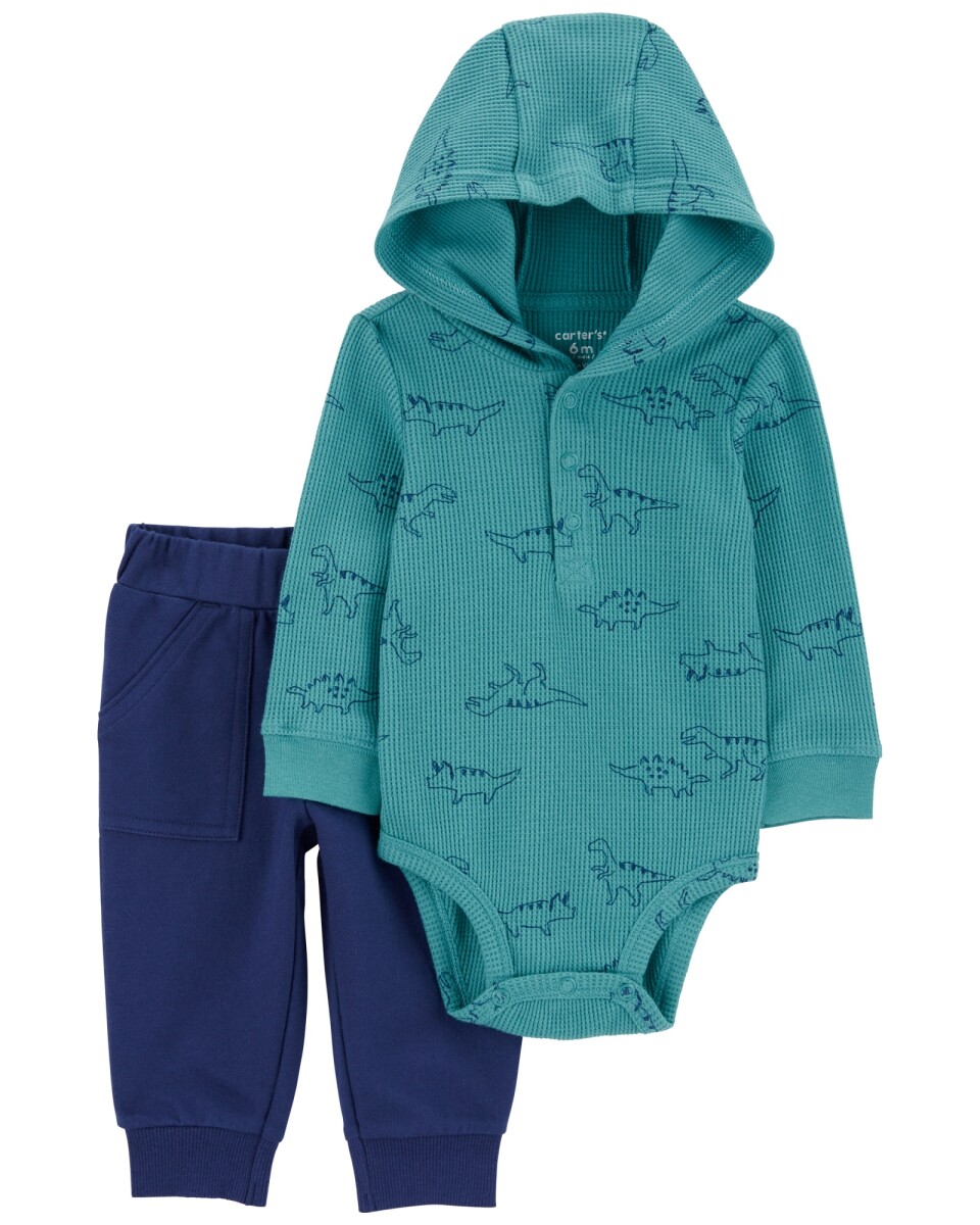 Set dos piezas de algodón, pantalón y body térmico con capucha, diseño dinos 