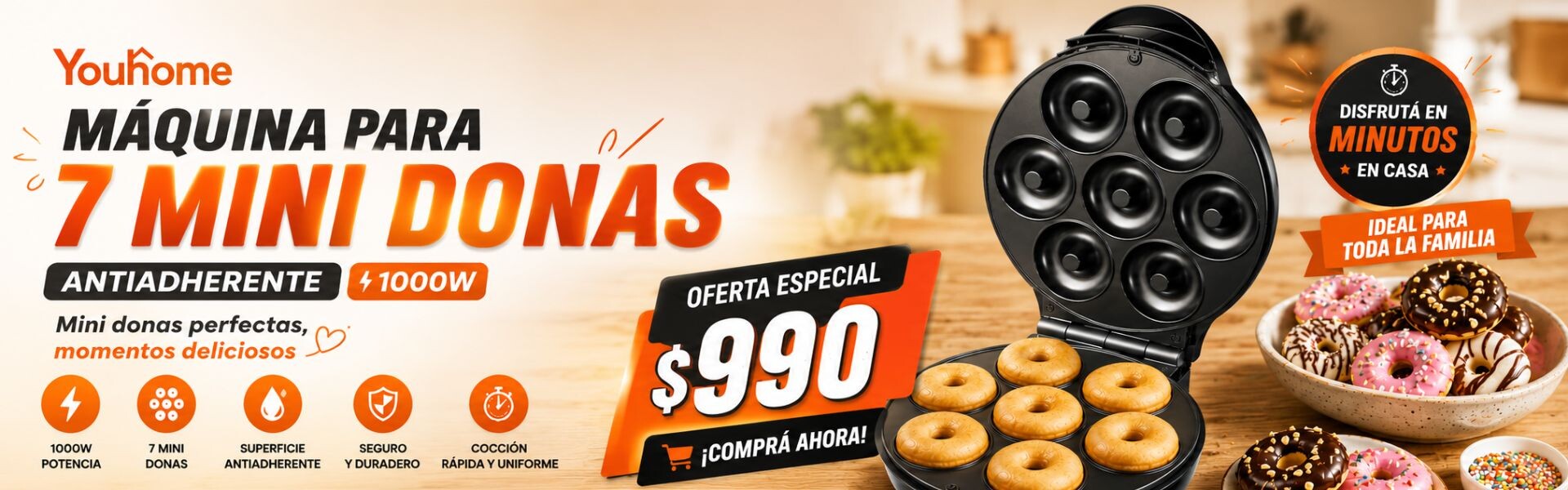 Maquina Para 7 Mini Donas Antiadherente 1000w Youhome