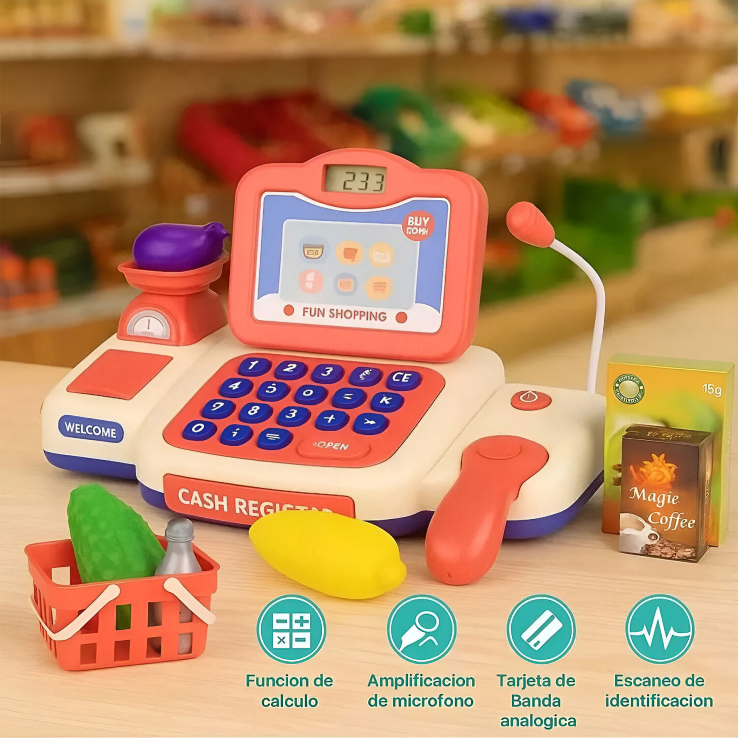 Caja Registradora De Madera Para Niños Con Escáner De Luz Y Sonido, Carrito Y Más De 40 Accesorios, Ideal Para Aprender Jugando Desde 3 Años