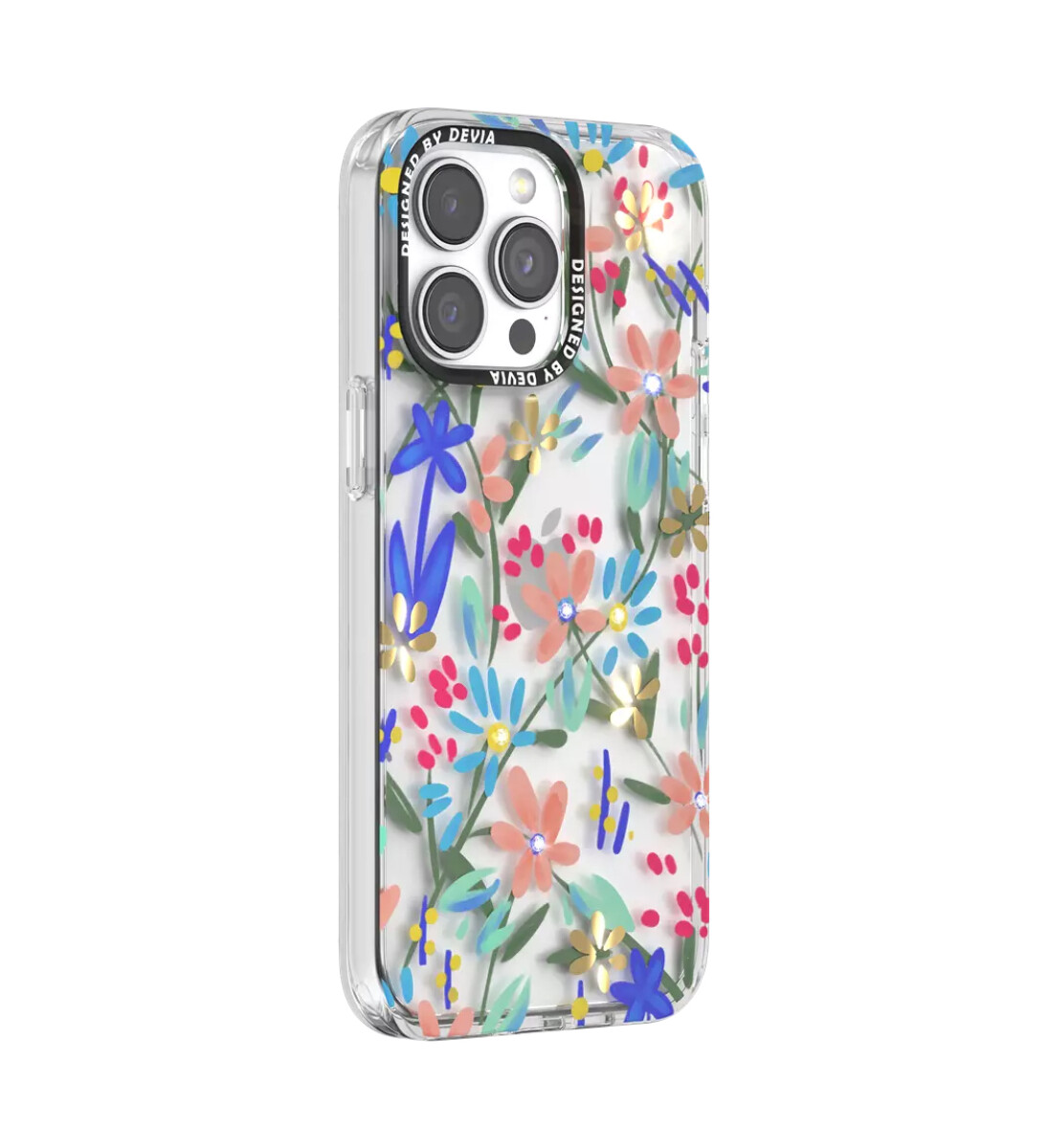 Protector Case Floral con Brillos Flower Series Devia para iPhone 15 Pro - Negro 