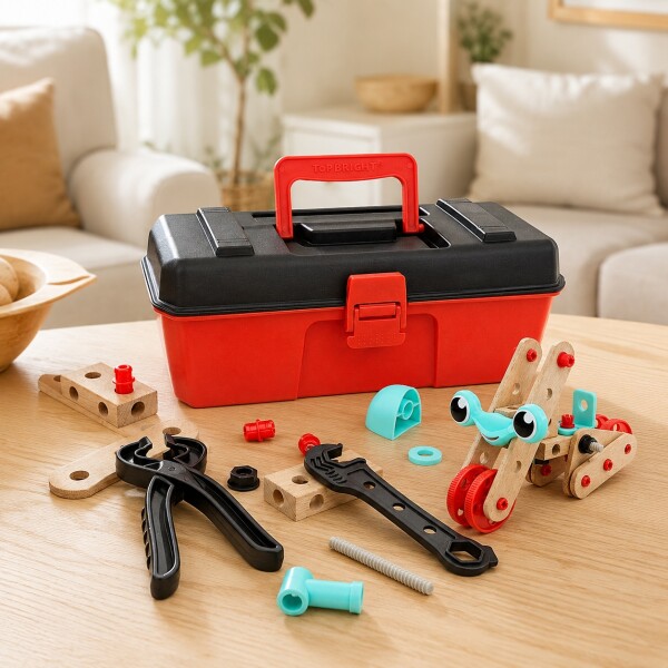 Set Caja Herramientas Construcción Infantil Madera 30cm Rojo 1