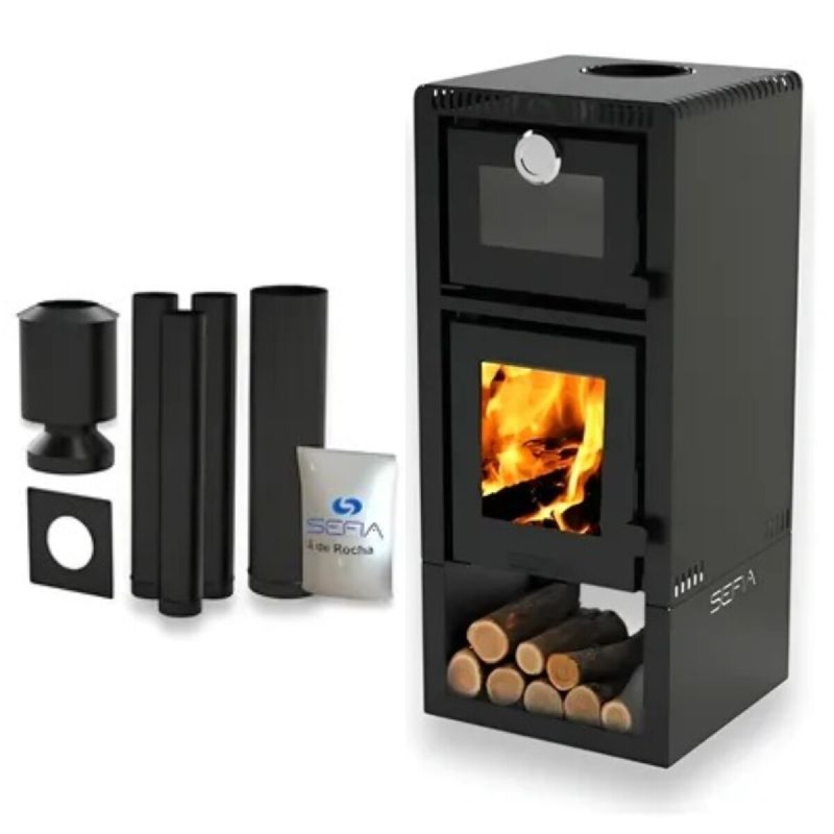 CALEFACTOR ALMERIA SEFIA CON HORNO + KIT DE CAÑOS (NEGROS) TECHO 1 PLANTA 