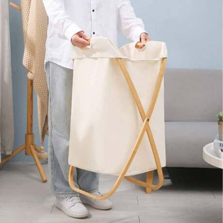 Cesto de ropa plegable 40x34x66cm – Bambú y tela Beige