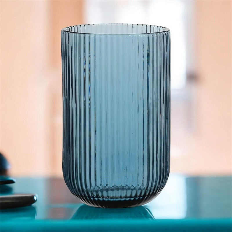 Vaso de Vidrio Labrado Diseño Lineas Set 6 Unidades Azul