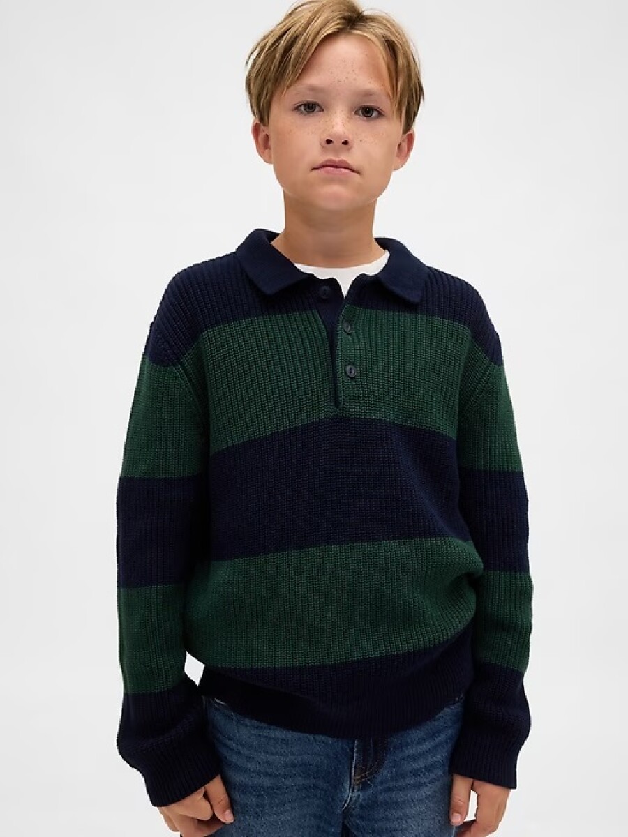 Buzo De Algodòn Cuello Polo Niño - Green Stripe 