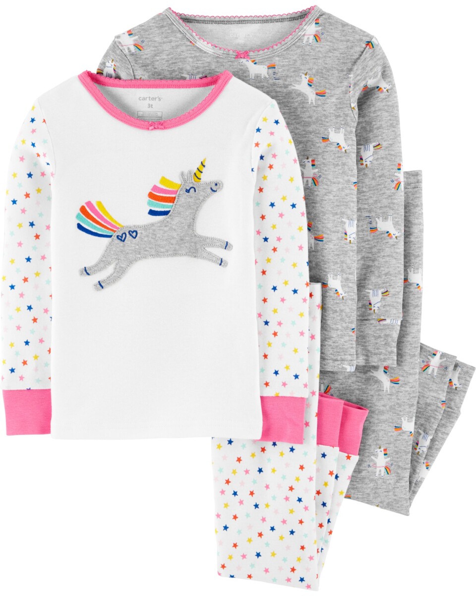 Pijama cuatro piezas dos remeras manga larga y dos pantalones unicornio y estrellas algodón 