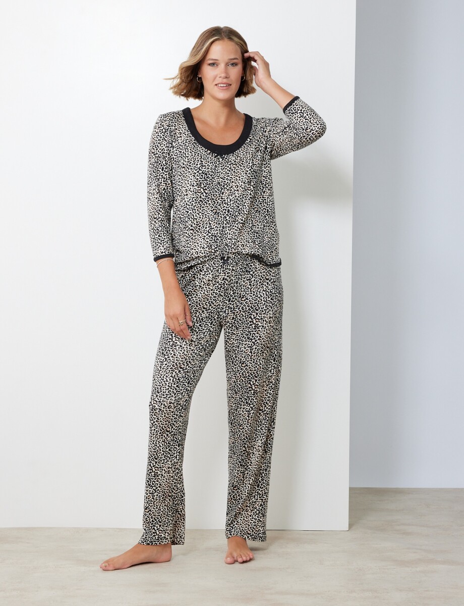 Set Pijama Remera & Pantalon - Negro/beige 