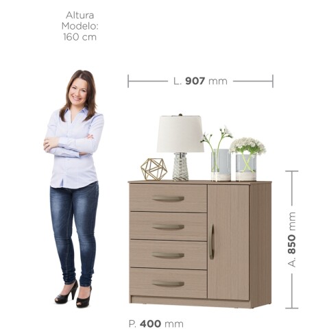 Cómoda Cajonera para Dormitorio de 4 Cajones y 1 Puerta en MDP - Noce Cómoda Cajonera para Dormitorio de 4 Cajones y 1 Puerta en MDP - Noce