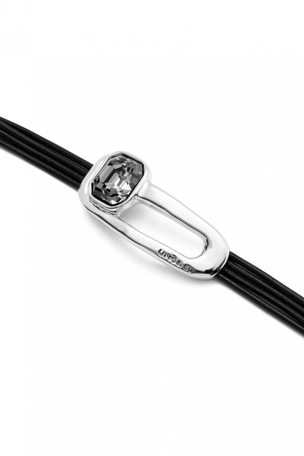 PULSERA DE CUERO BAÑADA EN PLATA DE LEY Y CRISTAL FACETADO NEGRO Pulsera