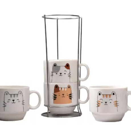 Set de tazas de cerámica de gatito con soporte Sc