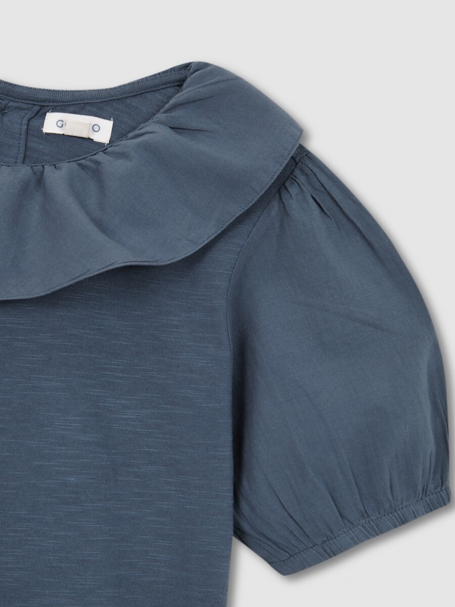 Camiseta De Manga Corta Y Cuello Volante Azul Pato