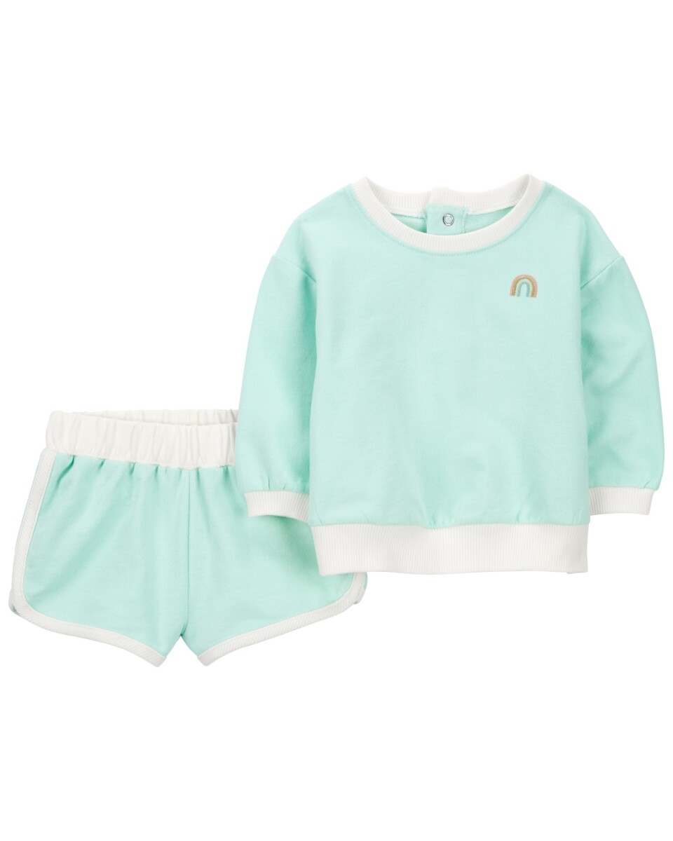 Set dos piezas de algodón, short y buzo con arcoíris bordado 
